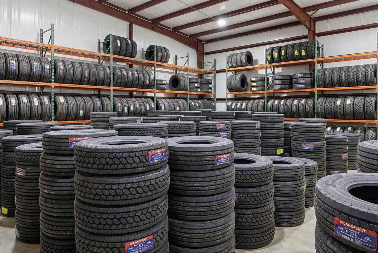 Stacks of commercial truck tires in stock at Wilkerson's Diesel & Tire in Jackson, MS — new and recap drive, steer, and trailer tires for big trucks