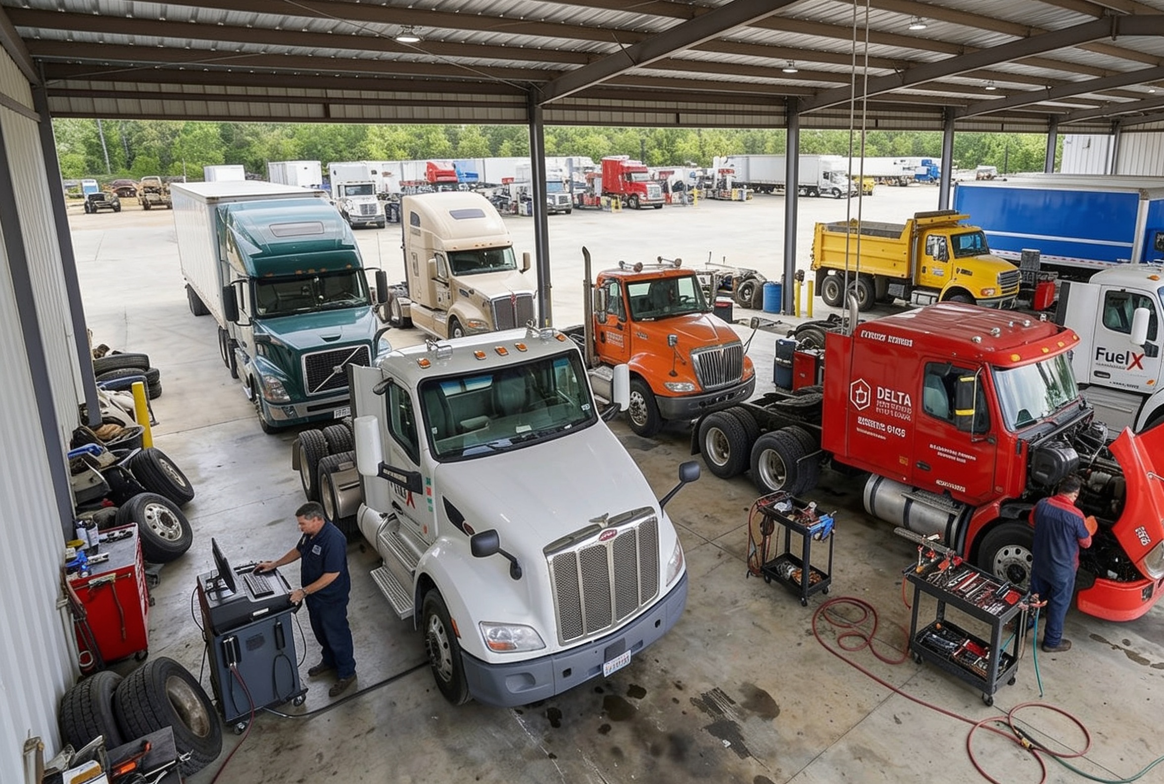 Heavy-duty diesel trucks in the service bays at Wilkerson's Diesel & Tire in Jackson, MS
